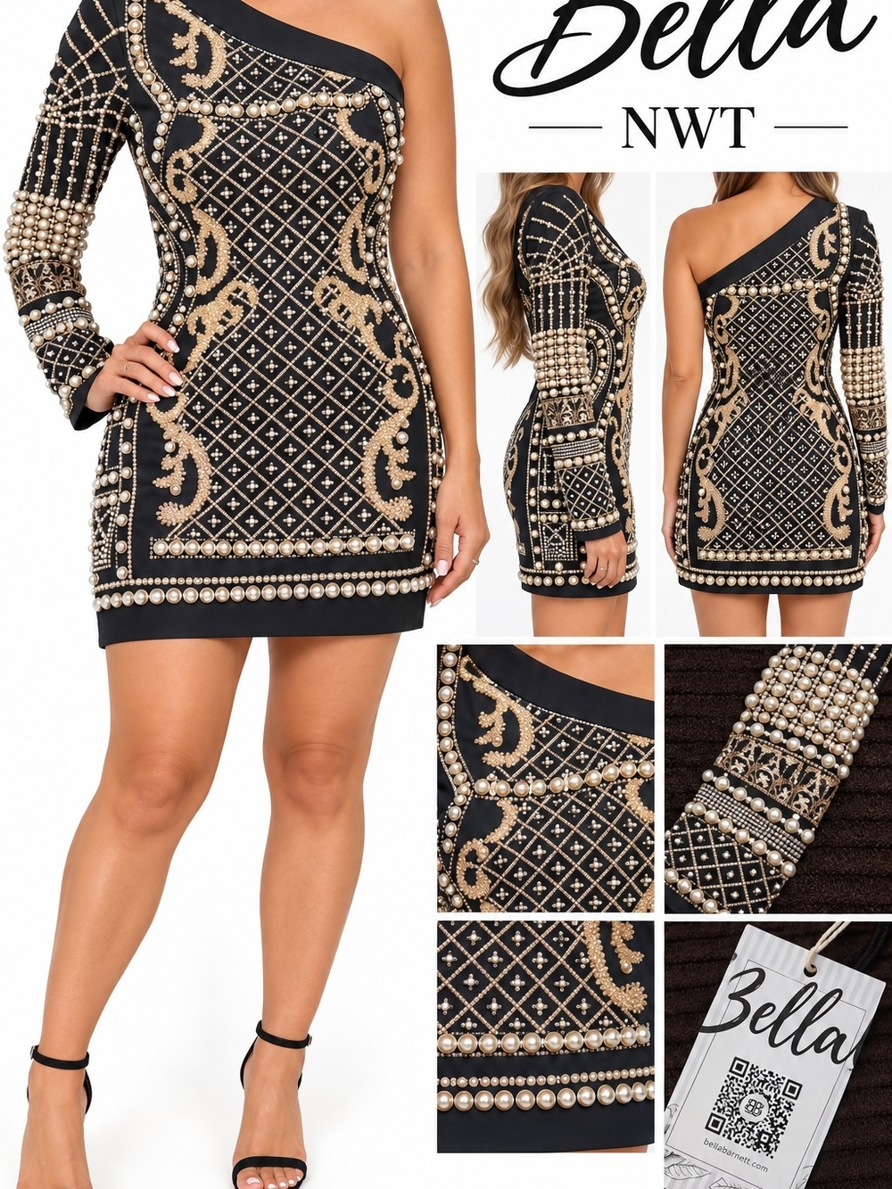 Abella Black One-Shoulder Gold-Embellished Mini Dress